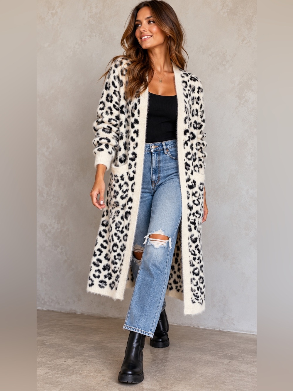 Charlie Paige Leopard Fuzzy Longline Cardigan Duster L XL Eyelash Knit